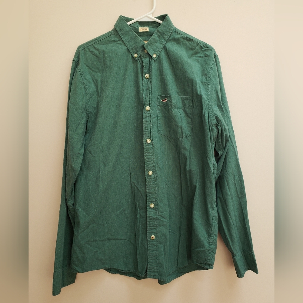 Hollister Green Stretch Cotton Blend Button Down Shirt, Size Large